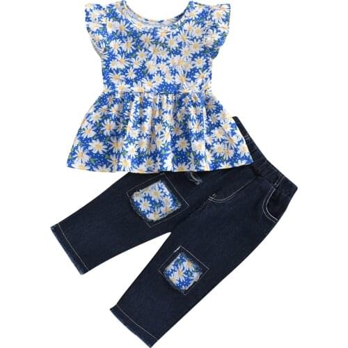 Infant Kids Baby Girl’s Vest and Trousers Suit Fashion Little Daisy Round Neck Tank Tops and Elastic Patchwork Jeans 1-5T