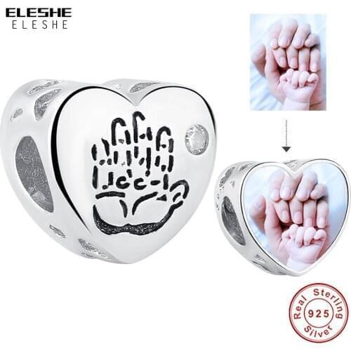 ELESHE 100% 925 Sterling Sliver Mother Baby Two Hands Cross Heart Bead Custom Photo Charm Fit Original Bracelet DIY Jewelry
