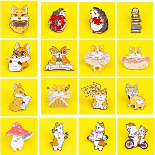 Cute Animal Enamel Pin Custom Dog Fox Hedgehog Brooches Bag Lapel Pin Cartoon Animal Badges On Backpack Jewelry Gift for Kids