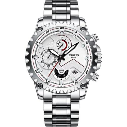 FNGEEN 5757 New Mens Multifunction Watch Waterproof Fashion Trend Stainless Steel Man Quartz Mens Wristwatches