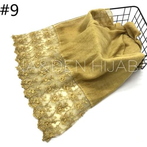 Two Head Lace floral Edges Cotton hijab Women scarves Plain Beads Muslim Long shawls fashion headband islamic scarves 80x165cm