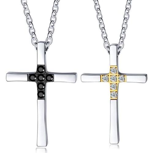 Stainless Steel Black Gold Zircon Stone Religious Cross Pendant Necklace Men Women Lovers Jewelry Gift For Him