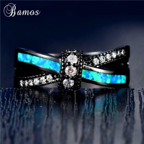 Bamos Blue/White Fire Opal Cross Ring Mutilcolor Knot Ring For Women Men Punk Black Gold Filled Crystal Jewelry Couple Best Gift