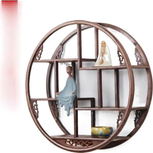 Round Wooden Wall Hanging Rack Wood Small Tea stand Ancient Solid Wood Chinese Teapot Tea Racks Antique Decorative Shelves