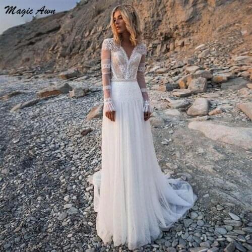 Magic Awn Bohemian Lace Beach Wedding Dresses Long Sleeves Illusion Boho A-Line Princess Bridal Gowns Country Vestidos De Novia