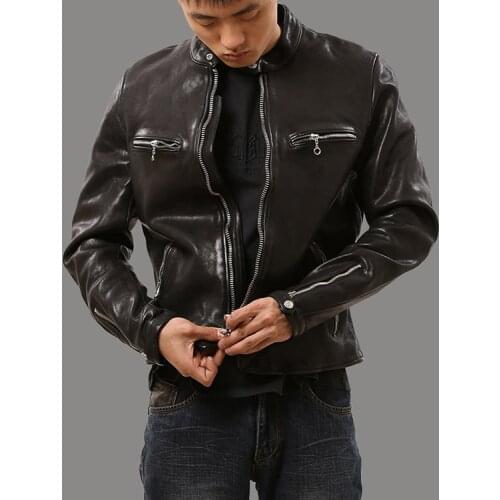 YR!Free shipping.2021 brand new.Black slim rider cool leather jacket.fashion style men tanned sheepskin coat.quality luxury