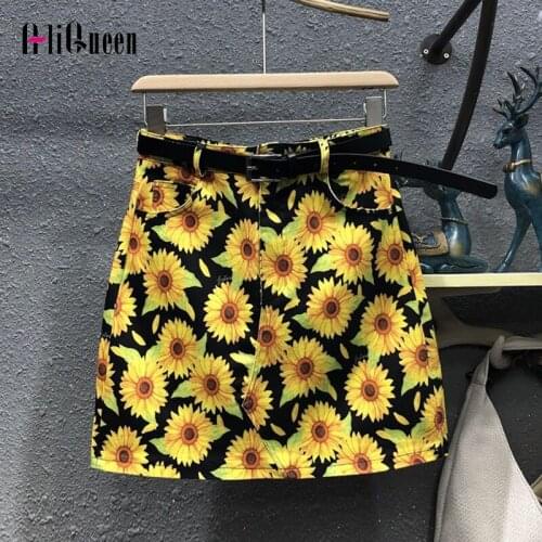 Summer Women Daisy Print Package Hip Denim Skirt Womens Female Streetwear High Waist Sexy Pencil Mini Jeans Skirt Woman Skirts