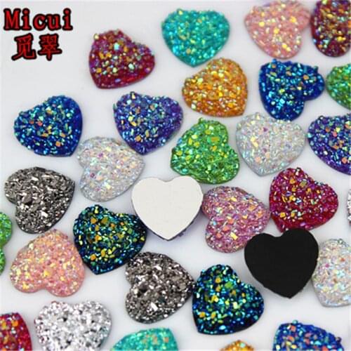 Micui 80pcs 12mm Glitter AB Color Heart Resin Rhinestone Mineral Surface Cabochon Flat Back Stone Non Hotfix DIY Decoration MC50