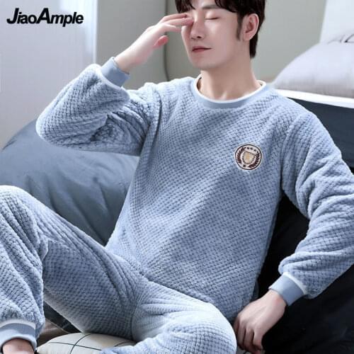 Mens Pajamas Autumn Winter Flannel O-Neck Plus Size Pijamas Set 2021 New Warm Cartoon Long Sleeve Trousers Two-piece Suit
