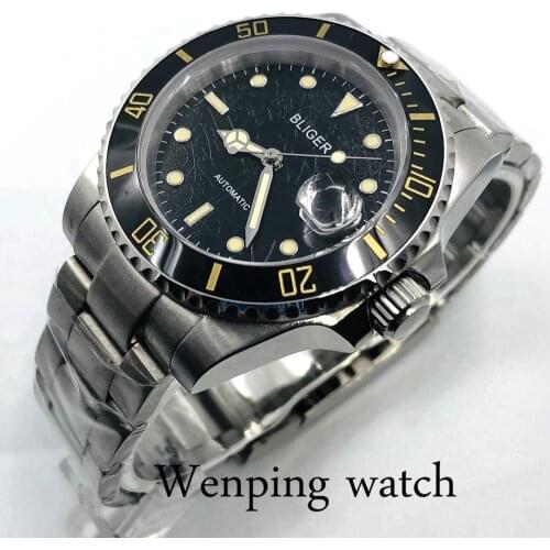 Bliger 2020 new 40mm mens top watch silver case sapphire glass date window ceramic bezel luminous mens automatic watch