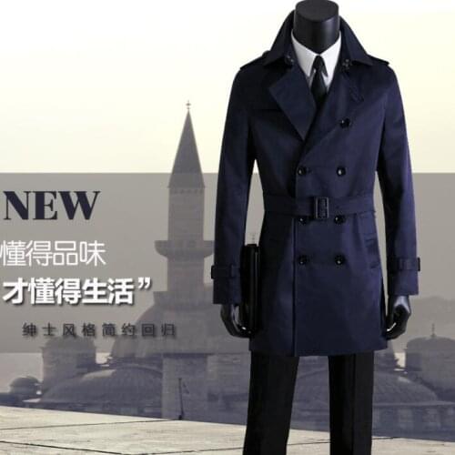 Mens trench coats dark blue spring autumn man double breasted coat men clothes slim fit overcoat long sleeve plus size S - 9XL