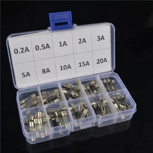 100pcs/lot Set Kit Glass Fuses 5x20mm Fuse Assorted Kits Quick Blow Glass Tube Fast-blow Glass Fuses 0.2A-20A