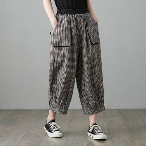 New 2021 Summer Arts Style Women Calf-length Pants Cotton Linen Plaid Casual Harem Pants Female Elastic Waist Loose Pants V355