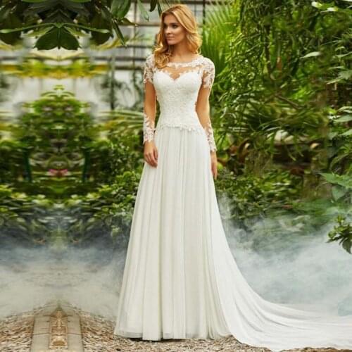 Sexy Wedding Dresses 2019 New O-Neck Lace Appliques Backless Long Sleeve Wedding Gowns Chiffon Bride Dress Vestido De Novia