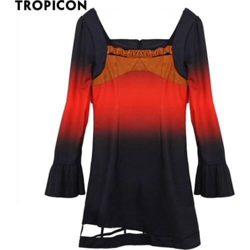 TROPICON Gradient Suede Cut Out Dress Women Puff Sleeve Square Neck Red Long Sleeve Tunic Mini Dress 2021 Fashion Clothing