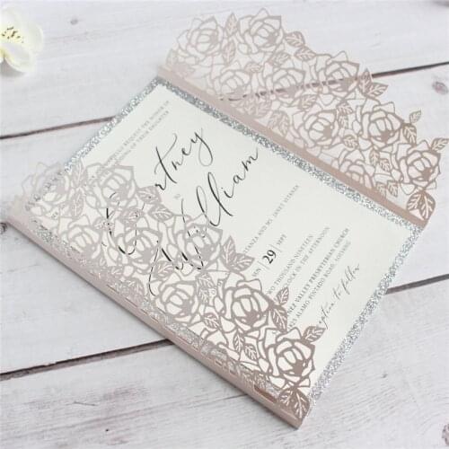 Rose Laser Cut Wedding Invitation with Glittery lining insert, Laser Cut Invites for Wedding Party Anniversary