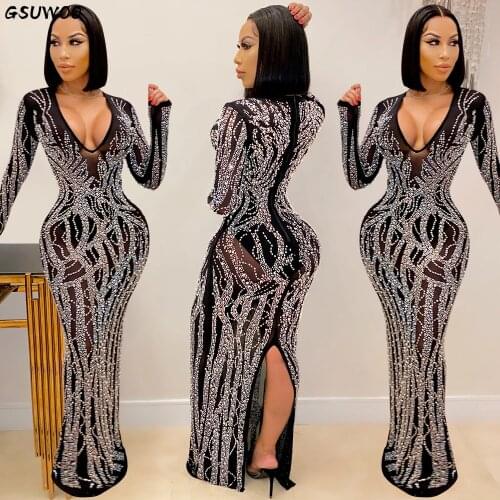 GSUWOO Sexy Nightclub Diamond Sheer Mesh Shiny Womens Maxi Long Dress Deep V See-through Long Sleeve Slim Fit Party Dresses