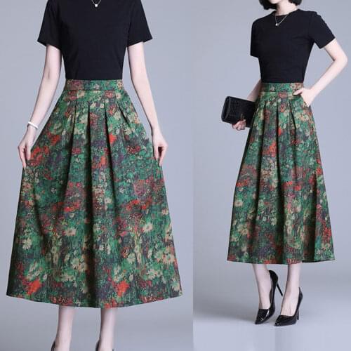 Spring Autumn Green Stain Midi Skirt Floral Womens High Waist Drape A-Line Casual Fashion Retro Skirt Elegant Jupe Femme zh980