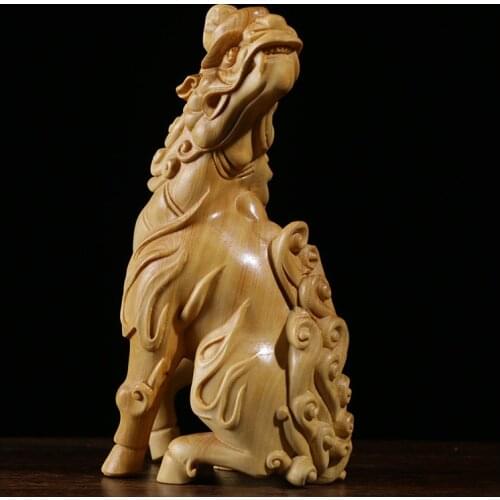 Boxwood 13cm Unicorn Sculpture Wood Carving Chinese God Beast Animal Lucky Statue Home Decor
