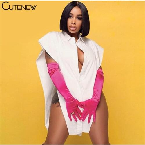 Cutenew Fashion Solid Broad Shoulders Turndown Collar Single-Breasted Women T-Shirt Summer Sexy Side Slit Casual Lady Streetwear