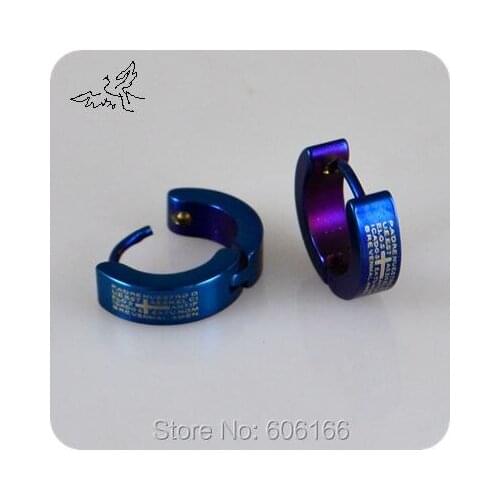 Blue Cross Spanish Bible Lords Prayer Stainless Steel Stud Earrings Fashion Religious Jewelry