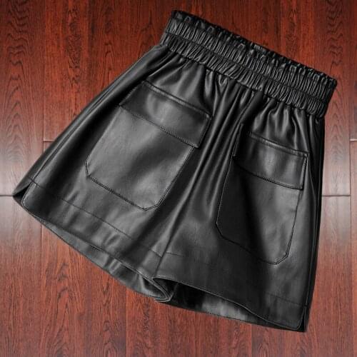 2021 New PU Leather Shorts For Women Spring Autumn Female Loose Wide Leg Artificial Leather Pants High Waist A-Line Shorts Y1406