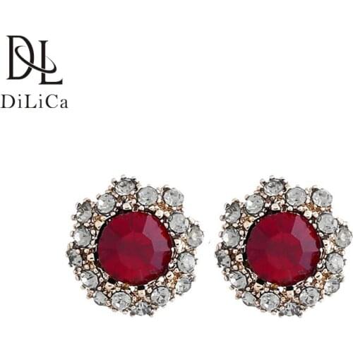 DiLiCa Vintage Earrings 2020 Korean Earrings for Women Crystal Stud Earring Jewelry Rhinestone Flower Ear Rings Red Color