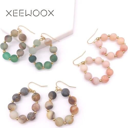 Colorful Natural Stone Semi-precious Stone Pink Green Brown Beads Drop Earring Statement Woman Circle Drop Earring Vintage Gift