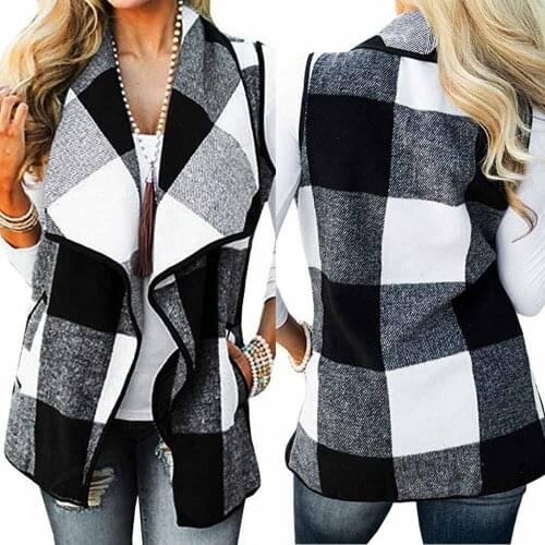 Women Vest Plaid Sleeveless Lapel Open Front Cardigan Sherpa Jacket With Pockets Femme Veste Coat Waistcoat жилетка женская 2021