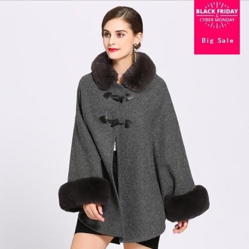 Winter fashion brand new women faux fox fur collar cape shawl coat female cape shawl woolen jacket knit oversize outwear L1377