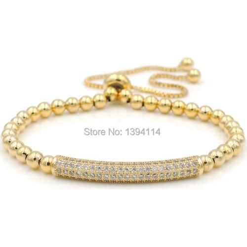 32x5mm Micro Pave Clear CZ Crystal Curved Tube Charm With 4mm Round Loose Beads Adjustable Bracelet