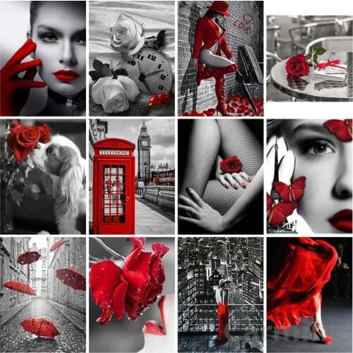 5D Black and White Red Street View DIY Diamond Painting Cross Stitch Embroidery Picture Full Round&Square Drill Home Decoration