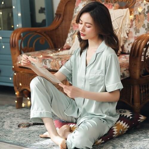 Summer Satin Silk Pajamas for Women Solid Pyjamas PJ Set Short-Sleeve Sleepwear Ladies Nightwear Silk Pijamas Nighties For Women