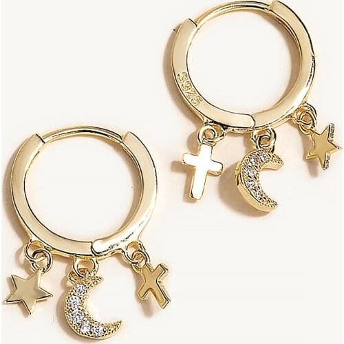 CANNER 925 Sterling Silver Light Luxury Crystal Hoop Earrings Personality Cross Star Moon Zircon Earring For Women Fine Jewelry