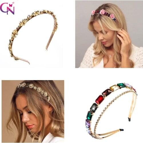 Baroque Coins Colorful Rhinestone Flower Jewel Hairband Retro Crystal Thin Hair Hoops Alloy Crown Hair Accessories Party Wedding