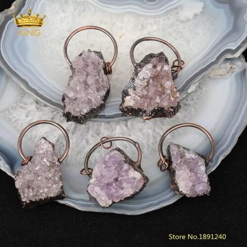 5pcs Large Amethysts Druzy Pendant for Jewelry Making,Ra Drusy Crystal Plated Bronze Hoop Charm Key Accessory
