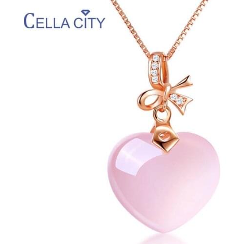 Cellacity Clavicle Chain Silver 925 Jewelry Gemstone Necklace for Women Rose quartz Pink Heart shaped Crystal Pendant Sweet Gift