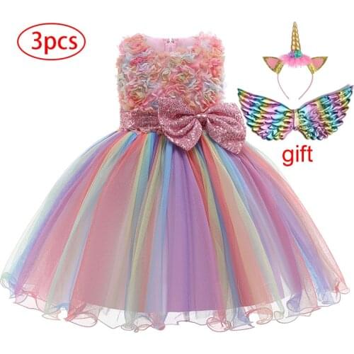 Flower Girl Wedding Rainbow Unicorn Dress Kids Birthday Party Fancy Bow Costume Girls Princess Tutu Dress Baby Clothes Vestidos