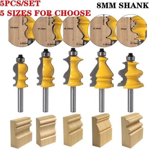 5pcs/set 8mm Shank Casing And Base Molding Wood Router Bit Tungsten Carbide Line knife Cutters For Wood Milling Cutters