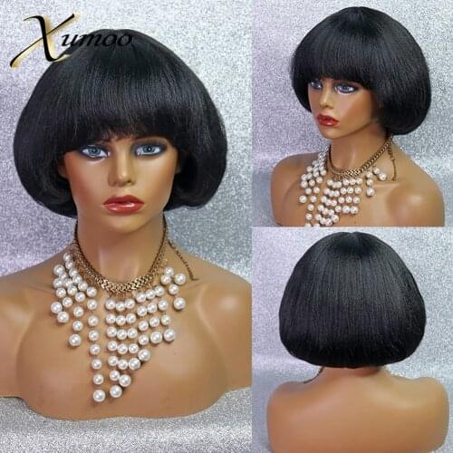 XUMOO Short Bob Non-lace Synthetic Wig Yaki Straight Black Bob Wig With Bangs Mushroom Head Cosplay Daily Wigs For Black Women