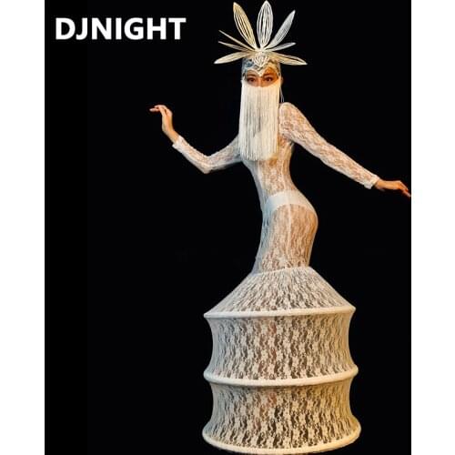 White Lace Perspective Dress Tassel Masked Headdress Nightclub Rave Outfit Catwalk Long Dress Women Singer Stage Costume XS2463