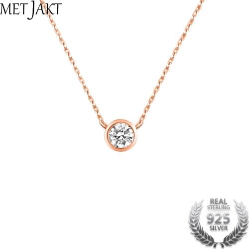MetJakt Classic Simple Single Zircon Necklace Solid 925 Sterling Silver Jewelry Rose Gold Romantic Wedding Necklace