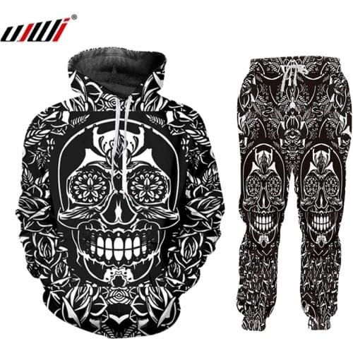 UJIW Autumn Winter Man Black Tracksuit 3D Pattern Skull Sportswear Outerwear Winter Jacket Mens Pants Clothing 2020 Fashion