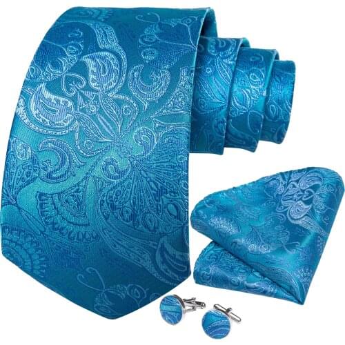 New Fashion Mens Silk Tie Blue Paisley Solid Business Wedding Party Necktie For Men With Handkerchief Cufflinks Men Gift DiBanGu