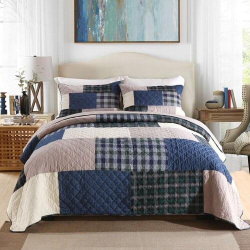 CHAUSUB Plaid Bedspread Quilt Sets 3pcs Cotton Coverlet Korea Patchwork Quilts Bed Cover With 2*Shams Queen Size Summer Blanket