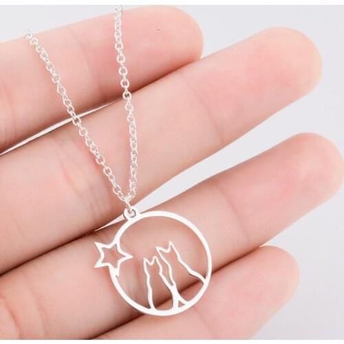 Romantic Double Cat Stay Together Couple Pendant Necklace Stainless Steel Pet Necklace for Women Dating Gift