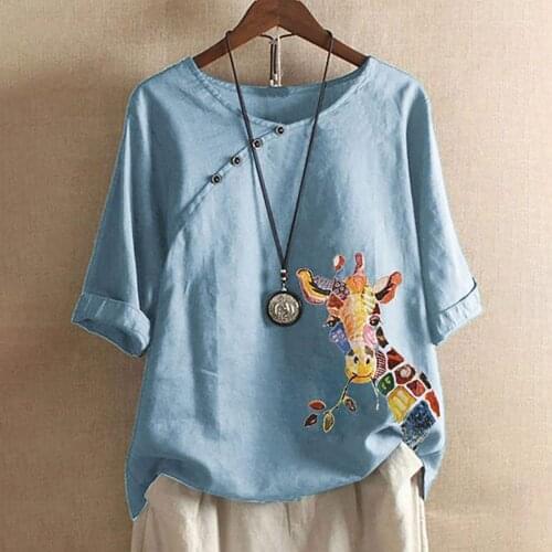 40# Kawaii Giraffe Print Blouse Women Button Cotton Linen Plus Size Short Sleeve O-neck Pullover Shirt Blusas Mujer De Moda 2021