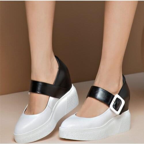 Chunky Platform Mary Jane Shoes Women Buckle Strap Genuine Leather High Heel Pumps Shoes Female Wedges Ankle Boots Casual Shoes