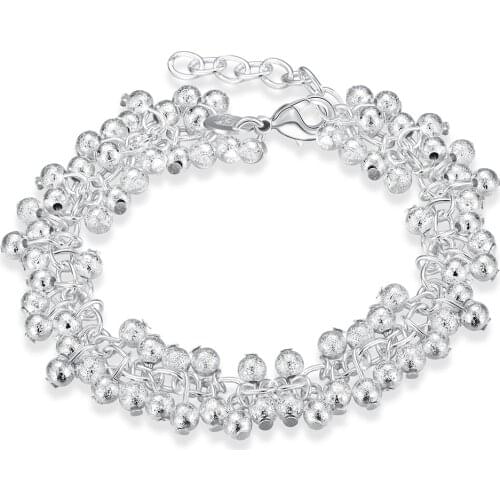 Womens Fine Jewelry 925 Sterling Silver 19cm Chains Sand Light Beads Grape Charms Bracelet Bangle for Women Pulseiras De Prata