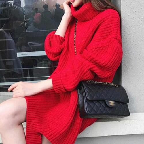 Women 2021 Autumn Winter New Thick Sweater Tops Female Long Loose Knit Tops Ladies Solid Color Turtleneck Pullover Jumpers Y431